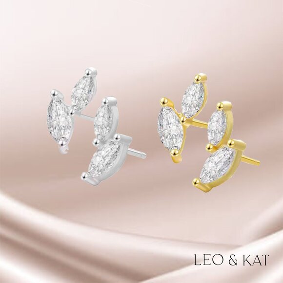 Marquise Stud Earrings in Gold and Silver. 925 Sterling Silver. #1033 - Picture 1 of 5